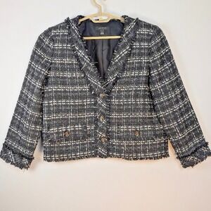 Ann Taylor Cropped Jacket 10 Black Tweed Bouclé Fringe Cardigan Blazer EUC